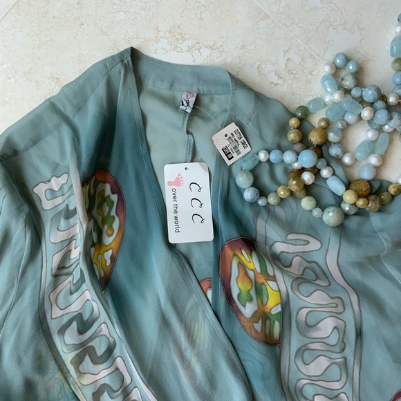 Sheer Silk Chiffon Blue Dragon Print Kimono Duster XLG NWT - Picture 4 of 7